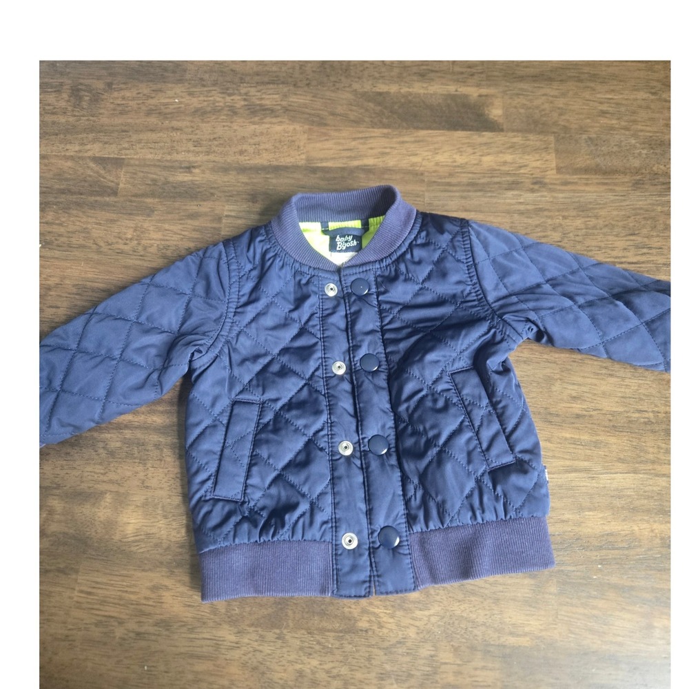 Baby Bgosh Boys Navy Blue Quilted Bomber Jacket‎ Neon Green Lining 6M